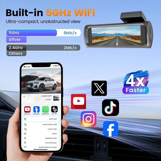 Alt view image 5 of 5 - 4K+1080P Dash Cam Front and Rear,64GB Card Included,5.8GHz WiFi Dash Camera for Cars,App up to 20MB/s Fastest Download,G-Sensor,Night Vision,24h Parking Monitoring,Loop Recording,170 Wide Angle