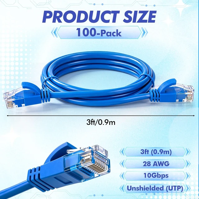 Alt view image 2 of 5 - Chapou 100 Pack Cat6a Patch Cables Bulk 3ft Slim Ethernet Cables, 10gbps High Speed, Snagless Flexible Cat6a Cable for Patch Panel, Switch, Router, Gold Plated Rj45