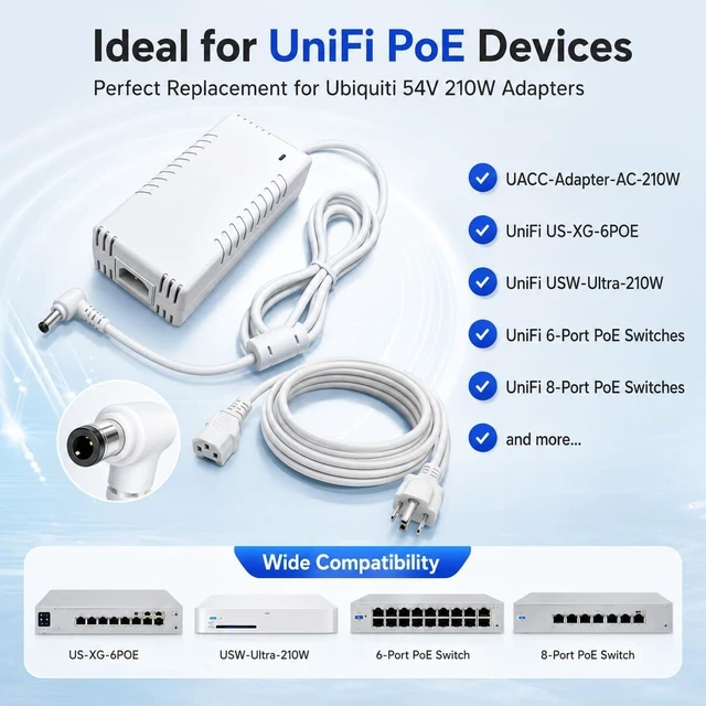 Alt view image 2 of 5 - 54V 210W Power Adapter Compatible with Ubiquiti UACC-Adapter-AC-210W - Compatible with UniFi US-XG-6POE, USW-Ultra-210W & 6/8-Port PoE Switches (White)