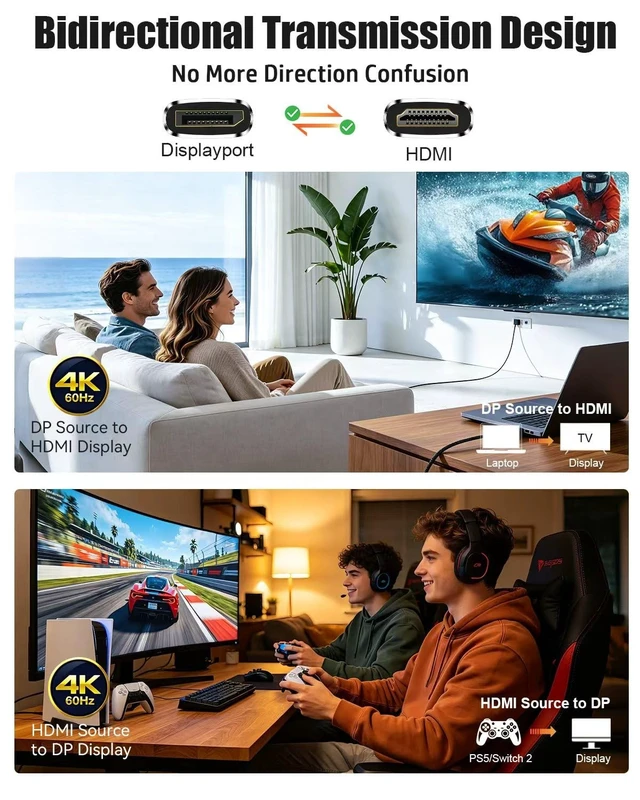 Alt view image 2 of 5 - 4K HDMI to DisplayPort 6.6Ft, Bidirectional DisplayPort to HDMI Cable