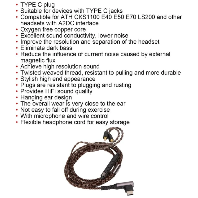 Alt view image 4 of 5 - Anu Limen Upgrade Cable with Mic OFC Core Type C a2DC Connector Ear Hanging Weaved Headphone Cable Replace for ATH E50 E70 LS300 CKS1100 Sound Enhancement