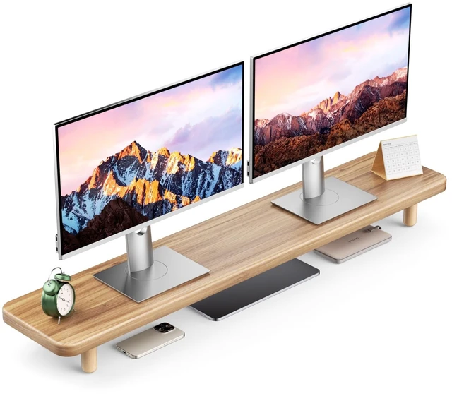 Main image of Dual Monitor Stand Riser, 39 Inch Extra Long Wooden Desktop Monitor Riser with Storage for 2 Monitors Ultra Strong Desk Shelf Organizer Riser Ergonomic for 2 Screens/Laptop/PC/TV/Printer -Light Walnut