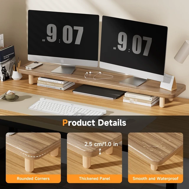 Alt view image 2 of 5 - Dual Monitor Stand Riser, 39 Inch Extra Long Wooden Desktop Monitor Riser with Storage for 2 Monitors Ultra Strong Desk Shelf Organizer Riser Ergonomic for 2 Screens/Laptop/PC/TV/Printer -Light Walnut