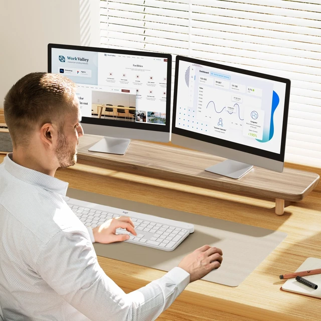 Alt view image 5 of 5 - Dual Monitor Stand Riser, 39 Inch Extra Long Wooden Desktop Monitor Riser with Storage for 2 Monitors Ultra Strong Desk Shelf Organizer Riser Ergonomic for 2 Screens/Laptop/PC/TV/Printer -Light Walnut