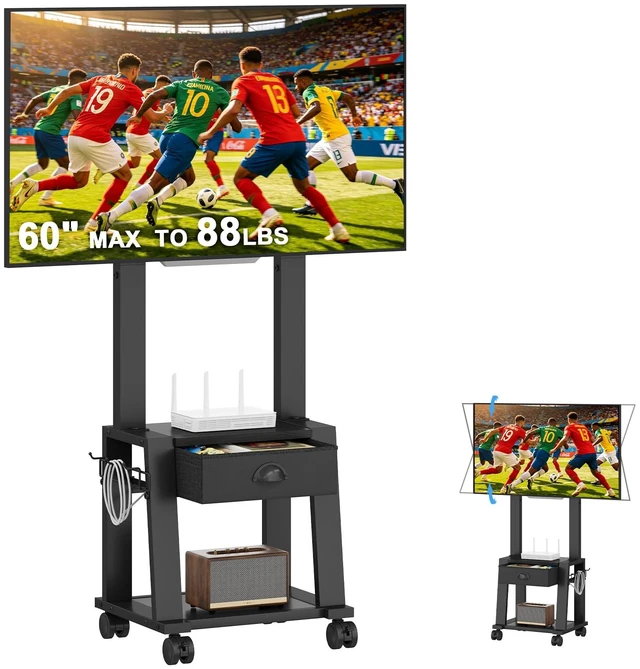 Main image of Rolling TV Stand with Storage for 23-60 Inch TVs up to 88 lbs, Height Adjustable Tilt Mobile TV Mount Cart with Drawer & 2 Shelves, Space-Saving Corner Design for Bedroom Living Room, VESA 400x400mm