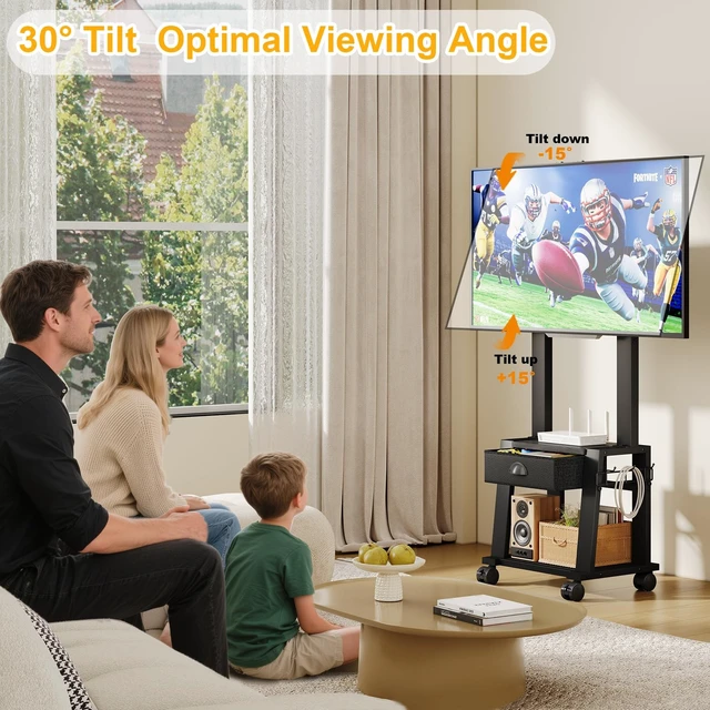 Alt view image 2 of 5 - Rolling TV Stand with Storage for 23-60 Inch TVs up to 88 lbs, Height Adjustable Tilt Mobile TV Mount Cart with Drawer & 2 Shelves, Space-Saving Corner Design for Bedroom Living Room, VESA 400x400mm