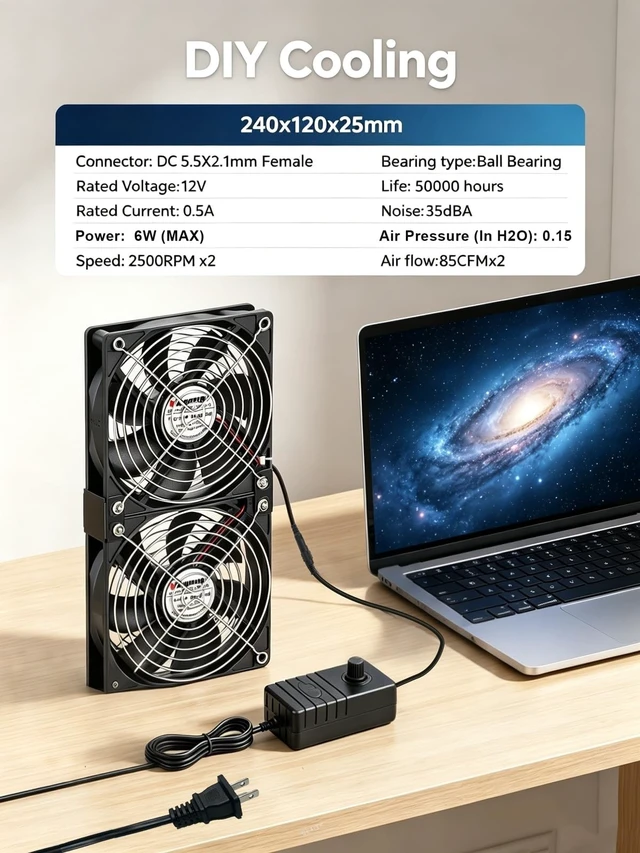 Alt view image 4 of 5 - Rpowevax 120mm X2 Computer Fan with AC Plug Big Airflow External PC Cooling