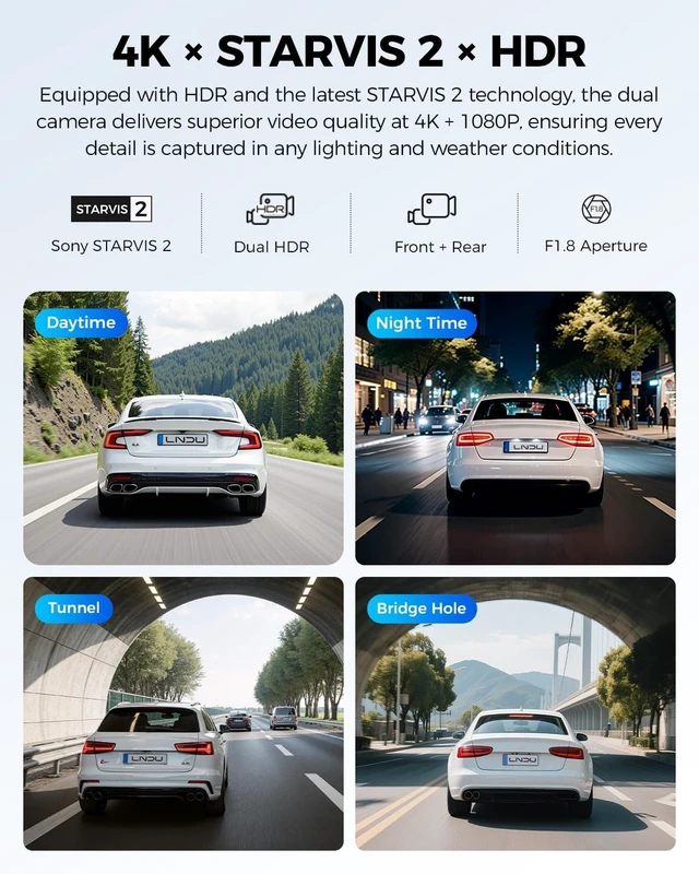 Alt view image 3 of 5 - LNDU V820 4K 4G Dual Dash Cam Front and Rear, DualI MX678 + IMX662 STARVIS 2 Sensors, HDR, 5GHz WiFi GPS, 24H Parking, Voice Control, Supercapacitor, 64GB Card