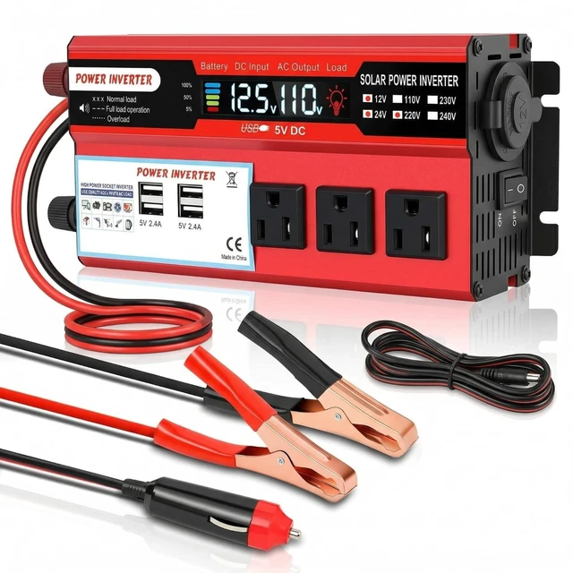 Main image of 500 Watt Pure Sine Wave Power Inverter, 12V DC to 110V Converter with 3 AC Outlets, 4 USB Ports and LCD Display, for Home, RV, Truck and Off-Grid Solar Systems
