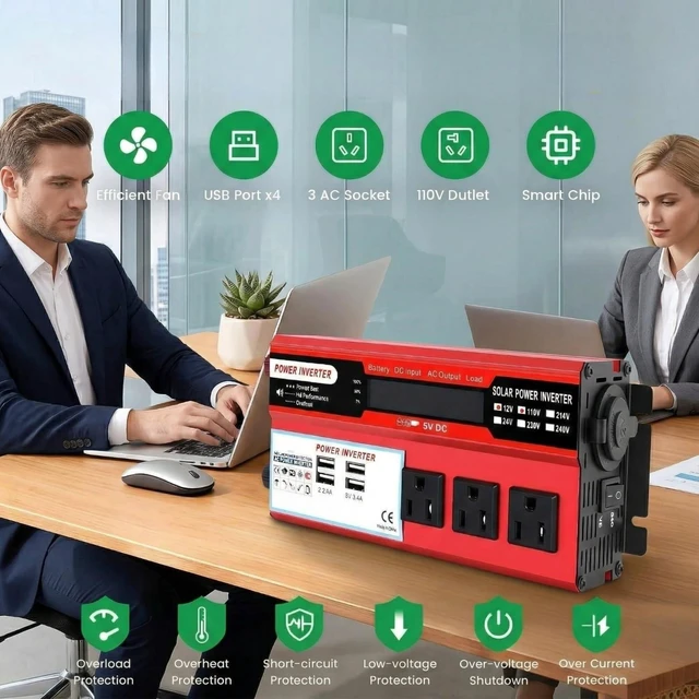 Alt view image 2 of 5 - 500 Watt Pure Sine Wave Power Inverter, 12V DC to 110V Converter with 3 AC Outlets, 4 USB Ports and LCD Display, for Home, RV, Truck and Off-Grid Solar Systems