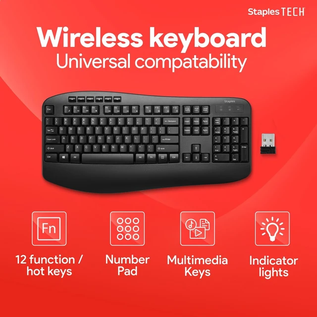 Alt view image 3 of 5 - Staples TECH Wireless Comfort Keyboard, Quiet Typing, USB, Black