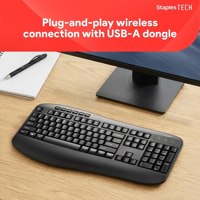 Alt view image 2 of 5 - Staples TECH Wireless Comfort Keyboard, Quiet Typing, USB, Black