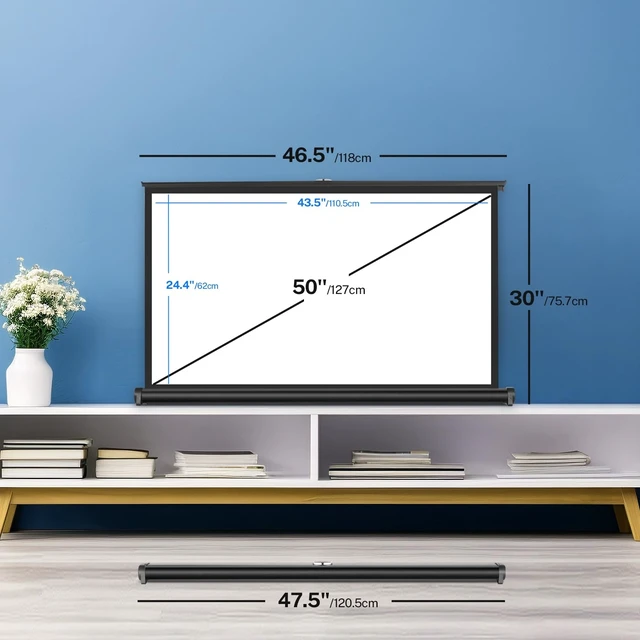 Alt view image 2 of 5 - 50 inch Small Projector Screen, Goldengrainv Retractable Pull Up Screen, Floor Projector Screen, 16:9 4K Portable Screen for Projector, Roll Down Movie Screen for Gaming Indoor, Mini White Screen