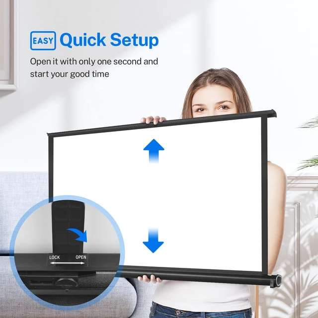 Alt view image 4 of 5 - 50 inch Small Projector Screen, Goldengrainv Retractable Pull Up Screen, Floor Projector Screen, 16:9 4K Portable Screen for Projector, Roll Down Movie Screen for Gaming Indoor, Mini White Screen