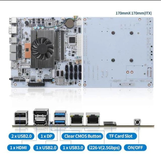 Alt view image 4 of 5 - NAS Motherboard 8 Bay Core i5 8265U 4C/8T, Mini ITX PC Mainboard White M11, 2 x NVMe PCIe3.0 x2, Dual 2.5GbE i226V LAN, PCIe x4 Slot, TF, HD+DP