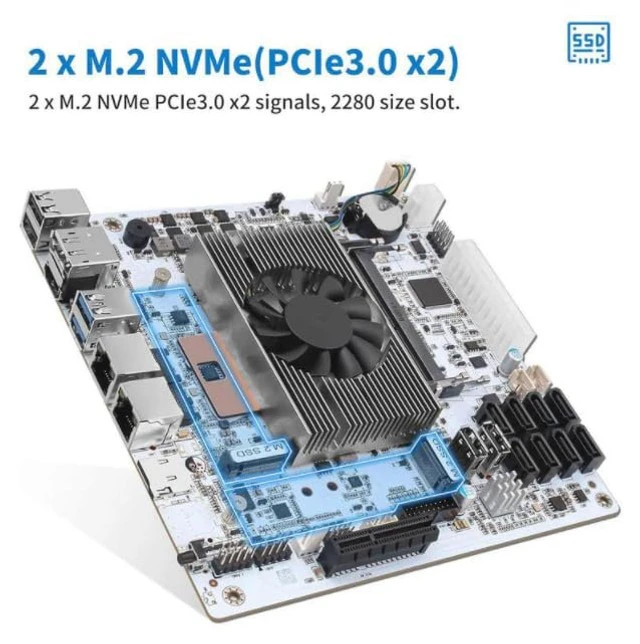 Alt view image 5 of 5 - NAS Motherboard 8 Bay Core i5 8265U 4C/8T, Mini ITX PC Mainboard White M11, 2 x NVMe PCIe3.0 x2, Dual 2.5GbE i226V LAN, PCIe x4 Slot, TF, HD+DP