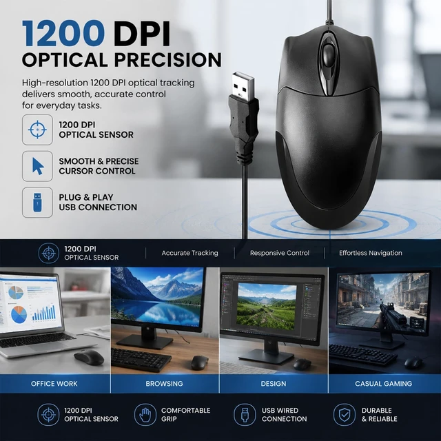 Alt view image 2 of 5 - TvvTvvT 5-Pack Wired USB Mouse, 1200 DPI Ergonomic 3-Button, 5FT Cable