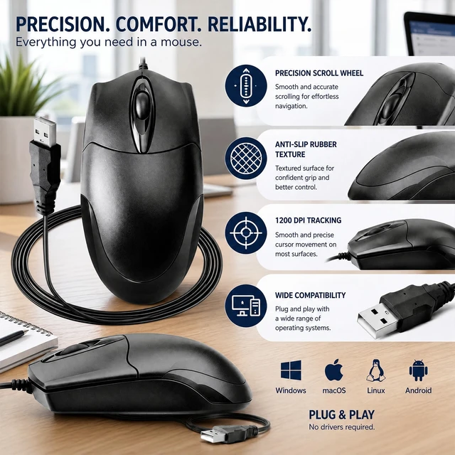 Alt view image 4 of 5 - TvvTvvT 5-Pack Wired USB Mouse, 1200 DPI Ergonomic 3-Button, 5FT Cable