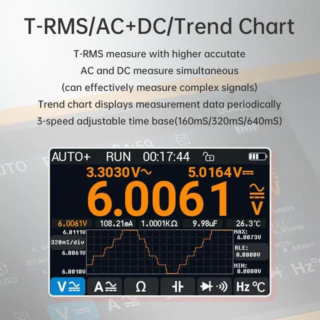 Alt view image 3 of 5 - DM40A/B/C Digital Multimeter 59999 Counts, 4.5-Digit Rechargeable 3 in 1 Handheld Oscilloscope Multimeter Signal Generator,50M Sample Rate, Diode Test Automotive Tools (DM40C)