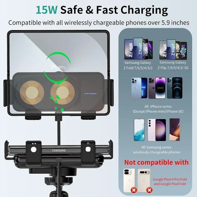 Alt view image 4 of 6 - Wireless Car Charger Mount, 15W Dual Coil One-Touch Rotatable Car Phone Holder Wireless Charger for Galaxy Z Fold 7/6/5/4/3/2, Z Flip, S25/S24/S23/S22, iPhone, Car Charger Included