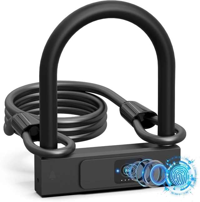 Main image of Heavy-Duty Fingerprint Bike U-Lock with Key 18.4mm Shackle & 5ft Cable, Waterproof Smart Lock for Road, Mountain, Electric & Folding Bikes