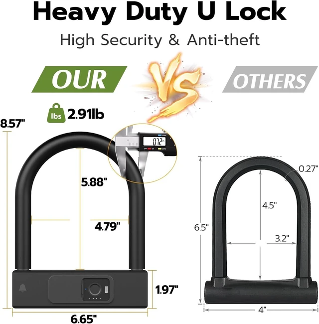 Alt view image 2 of 7 - Heavy-Duty Fingerprint Bike U-Lock with Key 18.4mm Shackle & 5ft Cable, Waterproof Smart Lock for Road, Mountain, Electric & Folding Bikes