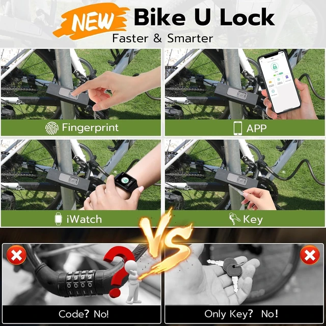 Alt view image 3 of 7 - Heavy-Duty Fingerprint Bike U-Lock with Key 18.4mm Shackle & 5ft Cable, Waterproof Smart Lock for Road, Mountain, Electric & Folding Bikes