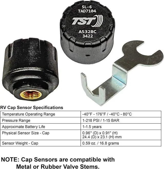 Alt view image 3 of 5 - TST 507 Tire Pressure Monitoring System, 4 Cap Sensors for Metal or Rubber Valve Stems by Truck System Technologies, TPMS for RVs, Campers and Trailers