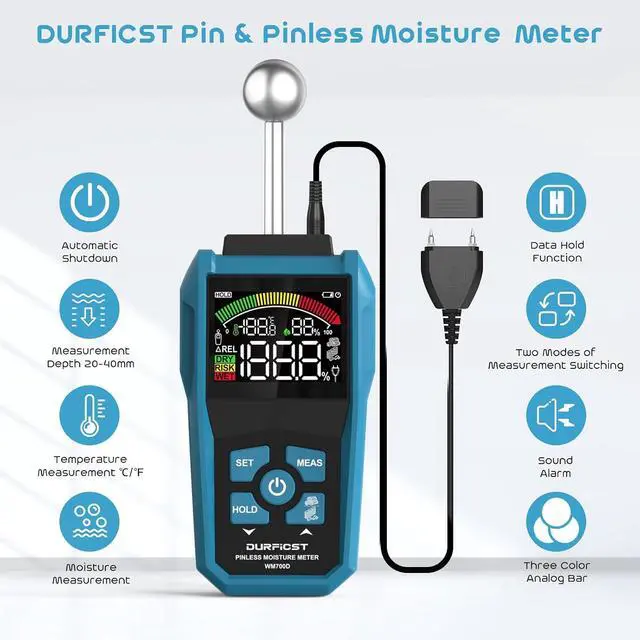 Alt view image 2 of 7 - Pin&Pinless Moisture Meter with Color LCD & Acoustic Alarm, Detects 20-40 mm Walls, Wood, Masonry, Concrete & Other Building Materials