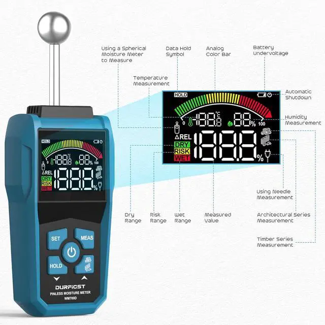 Alt view image 3 of 7 - Pin&Pinless Moisture Meter with Color LCD & Acoustic Alarm, Detects 20-40 mm Walls, Wood, Masonry, Concrete & Other Building Materials