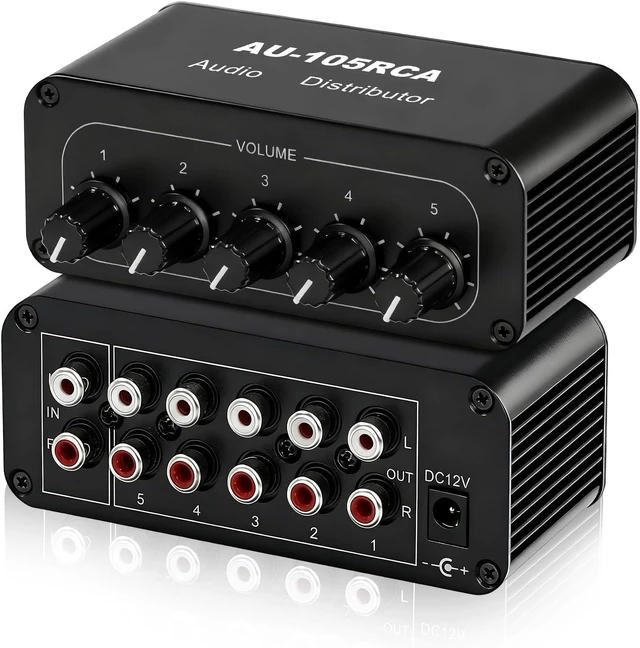 Main image of 5-Way RCA Audio Splitter, 1-in 5-out Distribution Amplifier with Volume Control & 6dB Boost