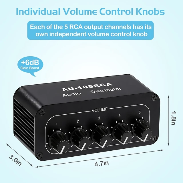 Alt view image 4 of 7 - 5-Way RCA Audio Splitter, 1-in 5-out Distribution Amplifier with Volume Control & 6dB Boost