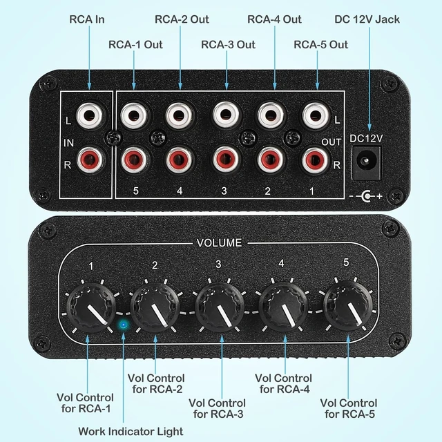 Alt view image 6 of 7 - 5-Way RCA Audio Splitter, 1-in 5-out Distribution Amplifier with Volume Control & 6dB Boost