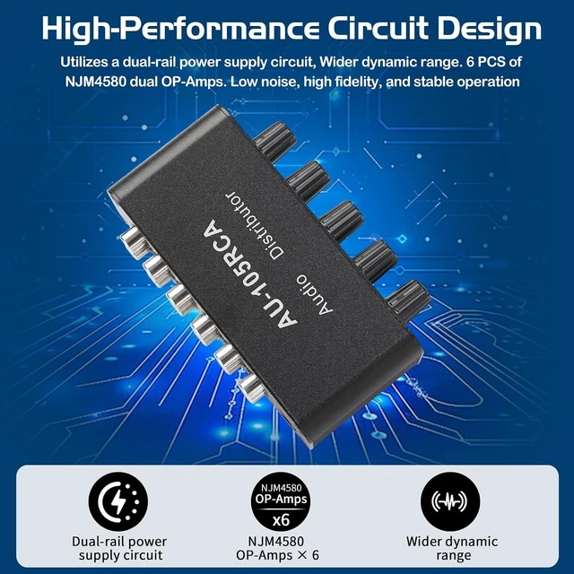 Alt view image 7 of 7 - 5-Way RCA Audio Splitter, 1-in 5-out Distribution Amplifier with Volume Control & 6dB Boost