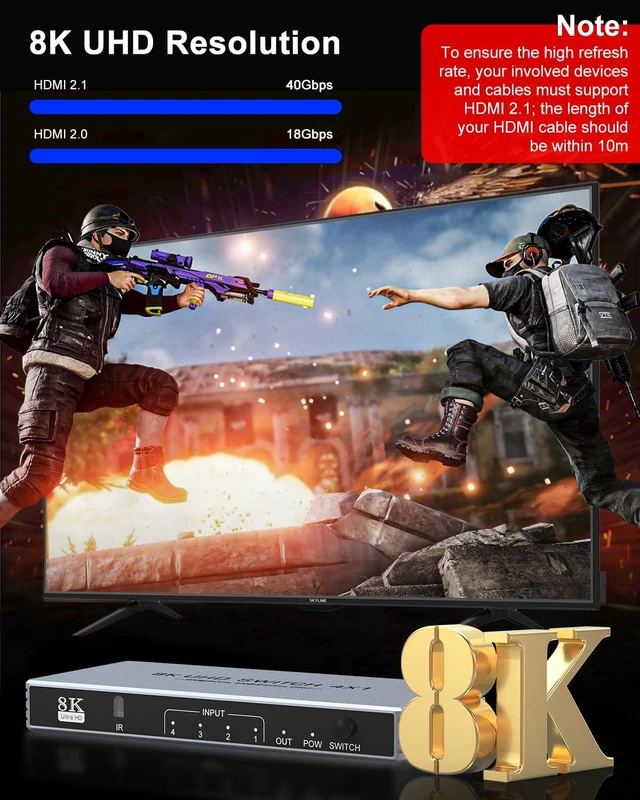 Alt view image 4 of 7 - Hdmi Switcher 4 in 1 Out - New 8K@60Hz 4K@240Hz/144Hz/120Hz HDMI Splitter with Remote Support 3D/HDR/HDCP2.3, for PS5/4 Xbox Nintendo Switch Roku Apple TV Fire Stick 4 Port 8k HDMI2.1 Switch
