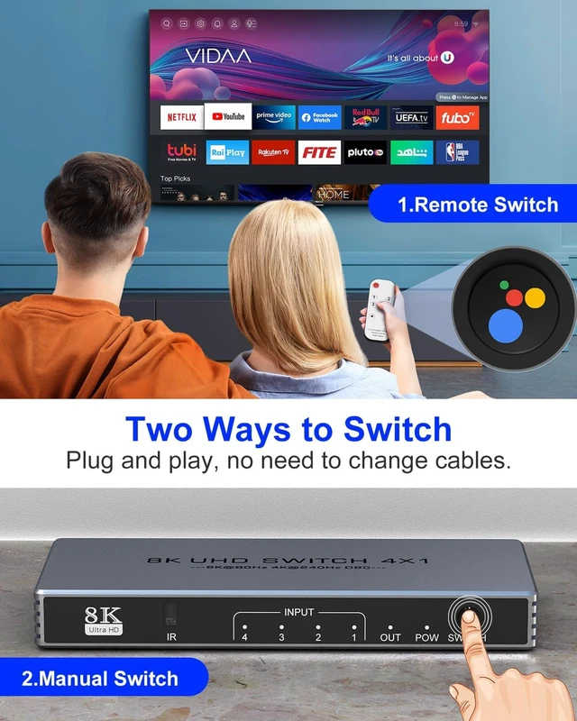 Alt view image 5 of 7 - Hdmi Switcher 4 in 1 Out - New 8K@60Hz 4K@240Hz/144Hz/120Hz HDMI Splitter with Remote Support 3D/HDR/HDCP2.3, for PS5/4 Xbox Nintendo Switch Roku Apple TV Fire Stick 4 Port 8k HDMI2.1 Switch