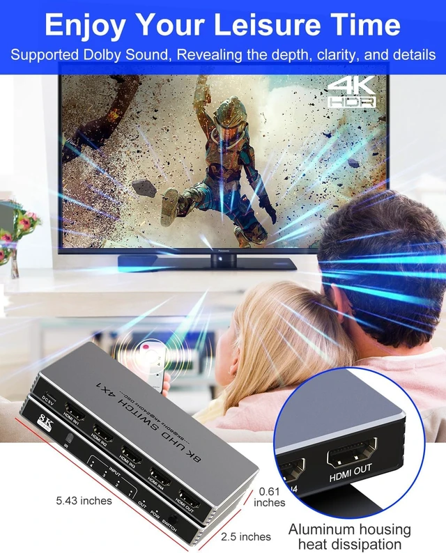 Alt view image 7 of 7 - Hdmi Switcher 4 in 1 Out - New 8K@60Hz 4K@240Hz/144Hz/120Hz HDMI Splitter with Remote Support 3D/HDR/HDCP2.3, for PS5/4 Xbox Nintendo Switch Roku Apple TV Fire Stick 4 Port 8k HDMI2.1 Switch