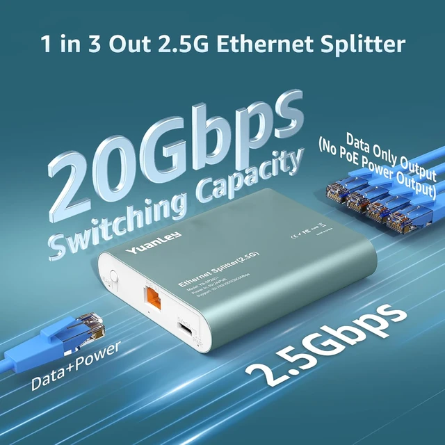 Alt view image 2 of 7 - 1 to 3 Port 2.5G Ethernet Splitter Switch with PoE Input, 4 Port 2.5G High Speed Splitter with Aluminum Case, VLAN Isolation, USB-C/PoE Powered Network Port Expander for , PC, IP Camera