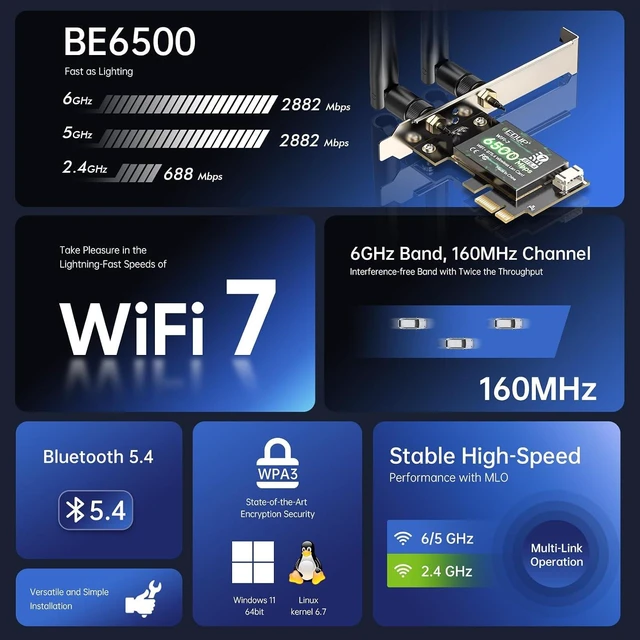 Alt view image 2 of 7 - PCIE WiFi 7 Card BE6500 Wi-Fi 7 Wireless Network Card for PC | Bluetooth 5.4 Tri-Band 6G/5G/2.4Ghz OFDMA 802.11be, Compatible with Intel/ AMD Windows 11 (64-Bit)
