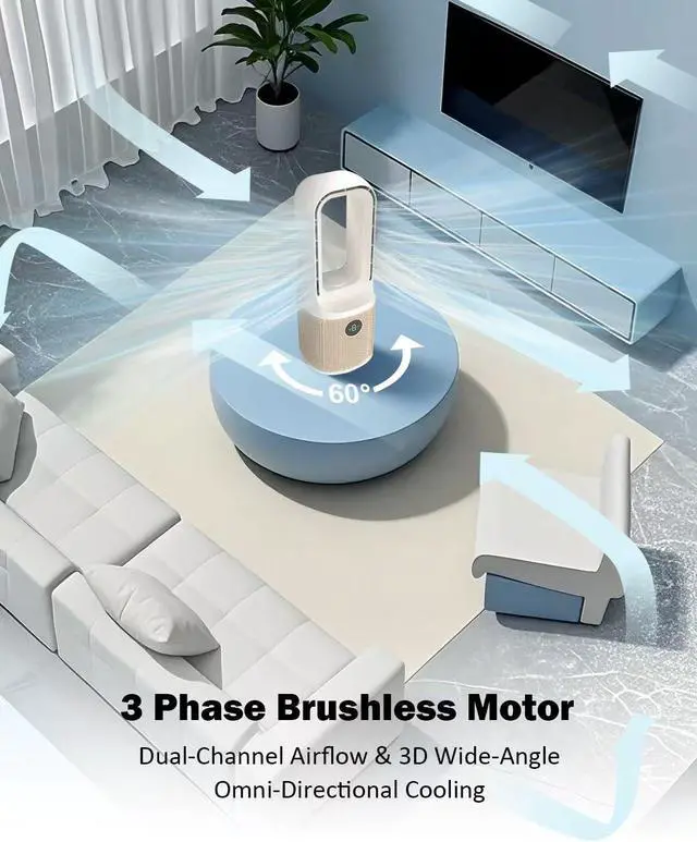 Alt view image 7 of 7 - 13.5 Inch Bladeless Desk Fan, USB Rechargeable Personal Cooling Fan, Small Ultra Quiet, 9 Wind Speeds, 3 LED Night Light, 60° Oscillation, 1-9H Timer, Child & Pet Safe for Home Office Bedroom Desktop