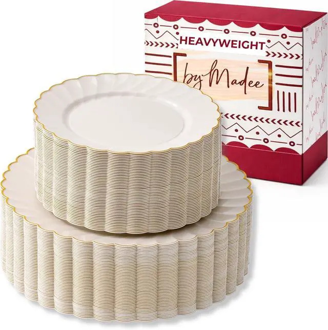 Main image of HEAVYWEIGHT 100 Pc Scalloped Ivory Gold Plastic Plates for Party | 50 Dinner & 50 Dessert Plates Disposable Heavy Duty | Elegant & Fancy for Wedding, Baby Shower, Bridal Shower 50 Guests