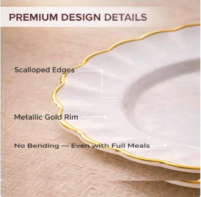 Alt view image 2 of 3 - HEAVYWEIGHT 100 Pc Scalloped Ivory Gold Plastic Plates for Party | 50 Dinner & 50 Dessert Plates Disposable Heavy Duty | Elegant & Fancy for Wedding, Baby Shower, Bridal Shower 50 Guests