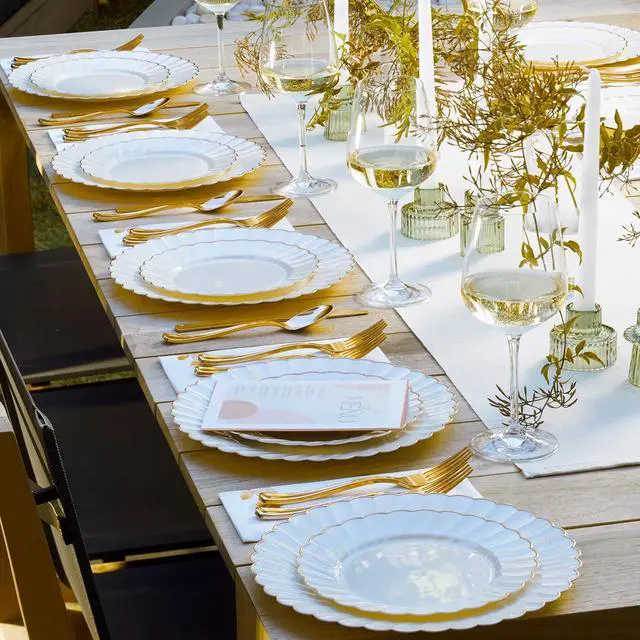 Alt view image 3 of 3 - HEAVYWEIGHT 100 Pc Scalloped Ivory Gold Plastic Plates for Party | 50 Dinner & 50 Dessert Plates Disposable Heavy Duty | Elegant & Fancy for Wedding, Baby Shower, Bridal Shower 50 Guests