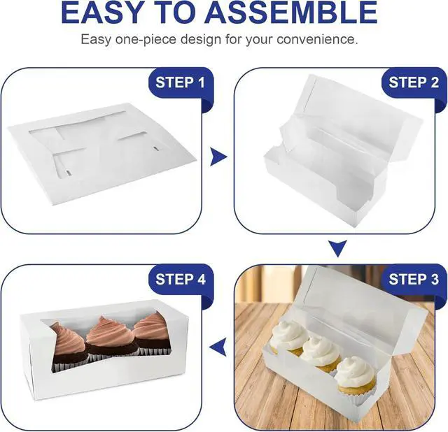 Alt view image 4 of 7 - White Cupcake Boxes 9" x 4" x 3.5" - Auto Pop-Up Bakery Boxes with Window (Pack of 200) - Made in the USA