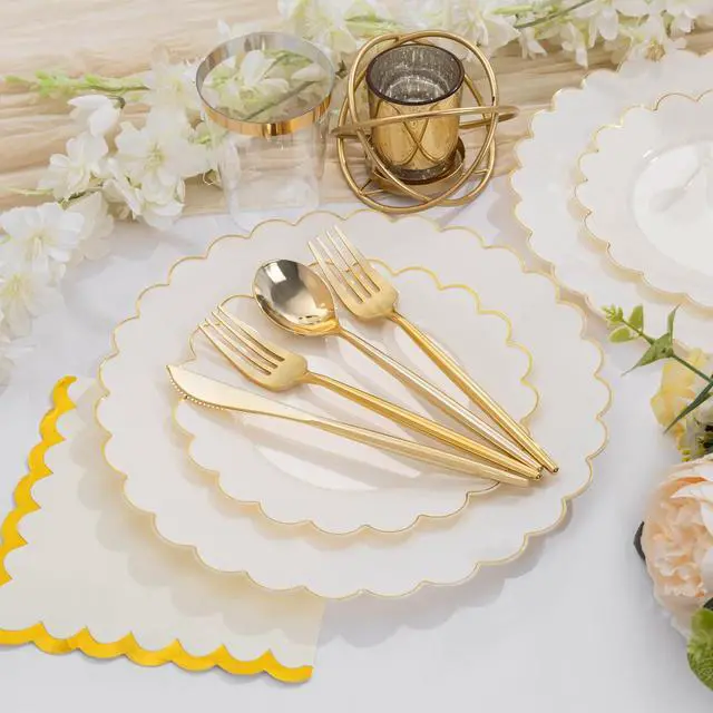 Alt view image 3 of 7 - LIYH 210 Pcs Ivory Plastic Plates Scalloped Plastic Plates Disposable Dinnerware Set Cream Gold Scalloped Plate Include Plate Gold Silverware Napkins Cup for Birthday Valentine's Day 30 Guests