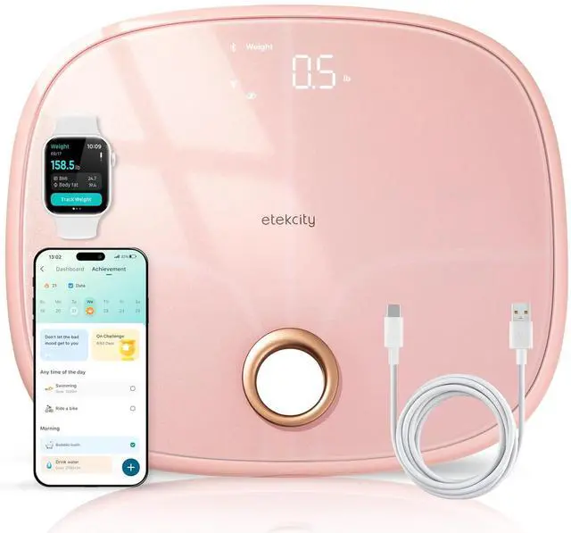 Main image of Rechargeable Pink Smart Scale for Body Weight, BMI, Fat, Muscle Mass, Digital Bathroom Scale with 13 Metrics, Secret Mode, Bluetooth Connect to Free Apps, Cotton Candy Pink