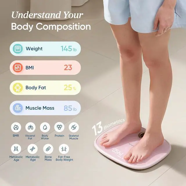Alt view image 2 of 7 - Rechargeable Pink Smart Scale for Body Weight, BMI, Fat, Muscle Mass, Digital Bathroom Scale with 13 Metrics, Secret Mode, Bluetooth Connect to Free Apps, Cotton Candy Pink