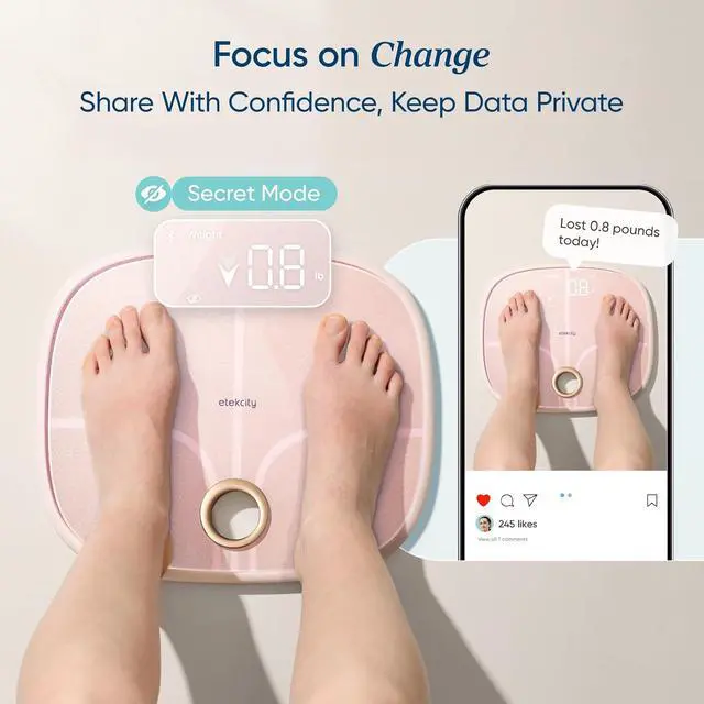 Alt view image 5 of 7 - Rechargeable Pink Smart Scale for Body Weight, BMI, Fat, Muscle Mass, Digital Bathroom Scale with 13 Metrics, Secret Mode, Bluetooth Connect to Free Apps, Cotton Candy Pink