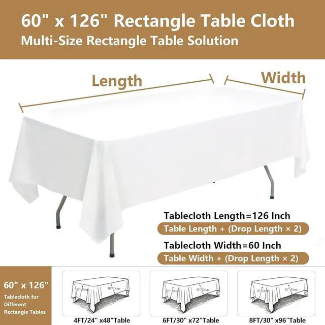 Alt view image 2 of 6 - White Table Cloth Rectangle 10-Pack, 60x126 Inch Table Cloths for 8 Foot Rectangle Tables, Heavy-Duty Polyester Fabric - Stain Resistant Reusable & Washable