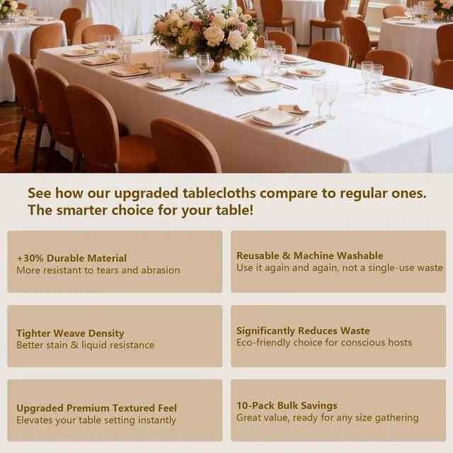 Alt view image 4 of 6 - White Table Cloth Rectangle 10-Pack, 60x126 Inch Table Cloths for 8 Foot Rectangle Tables, Heavy-Duty Polyester Fabric - Stain Resistant Reusable & Washable